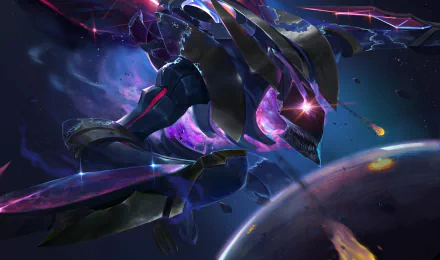 HD PC wallpaper: Kha'Zix (League of Legends) as a space creature lunging through a cosmic battlefield of planets and glowing debris, video game art.