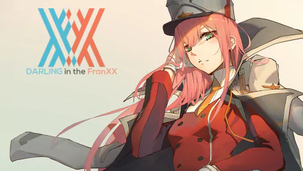 HD desktop wallpaper featuring Zero Two from the anime Darling in the FranXX. The background showcases Zero Two in her distinct red outfit with the anime’s logo on the left.