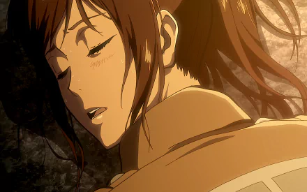 A serene image of Sasha Blouse from Attack on Titan, resting peacefully with a soft expression, capturing the cute and tender essence of anime in a high-definition wallpaper.