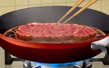 An anime-style HD wallpaper featuring a beef steak cooking in a red pan over a blue flame. Chopsticks are used to handle the steak, tagged with Citrus (Anime).