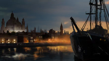 HD anime-style PC desktop wallpaper of a serene waterfront cityscape at dusk, featuring silhouetted buildings and a docked ship under a moody sky.