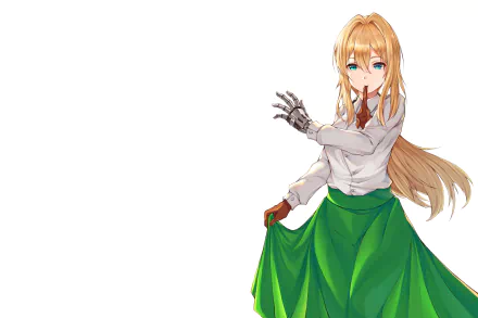 Anime character Violet Evergarden is depicted in an 8K Ultra HD PC desktop wallpaper, showcasing her long blonde hair, blue eyes, and detailed mechanical arm.
