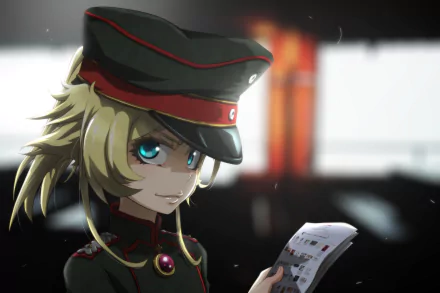 HD PC desktop wallpaper featuring Tanya Degurechaff from the anime The Saga of Tanya the Evil with a focused expression and military uniform.