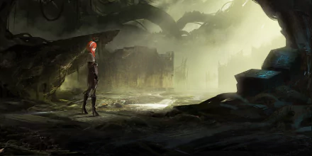 Anime-style original HD desktop wallpaper depicting a lone figure with red hair standing in a dark, foggy, post-apocalyptic landscape with ruined structures.