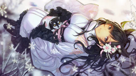 Anime HD desktop wallpaper of Atago from Azur Lane, featuring detailed artwork with Atago in a white and black outfit lying gracefully on the ground.
