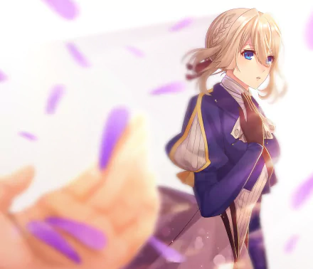 Violet Evergarden from the anime, depicted in a soft, detailed HD PC desktop wallpaper with petals floating around her against a light background.