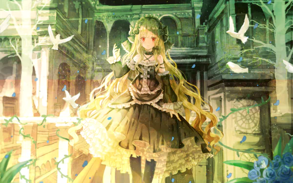 HD anime wallpaper featuring an original character in a lush, ornate setting. The character has long blonde hair and wears an intricate, frilly outfit. White birds and green foliage adorn the scene.
