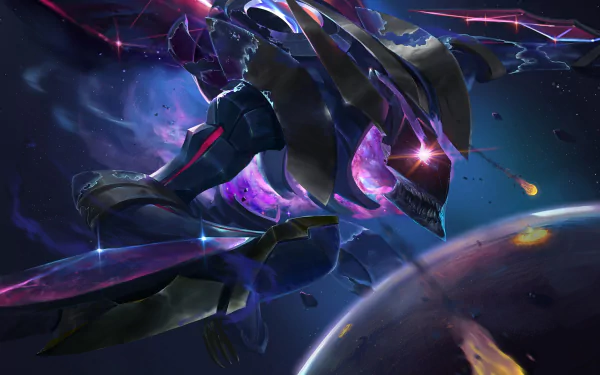 HD PC wallpaper: Kha'Zix (League of Legends) as a space creature lunging through a cosmic battlefield of planets and glowing debris, video game art.