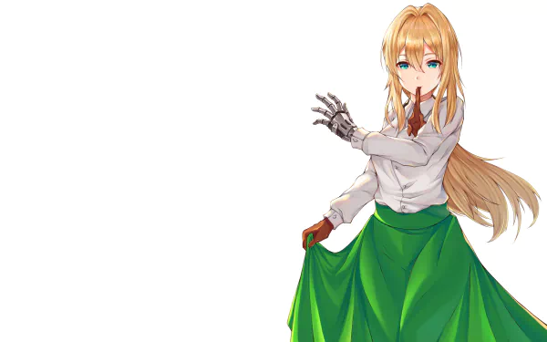 Anime character Violet Evergarden is depicted in an 8K Ultra HD PC desktop wallpaper, showcasing her long blonde hair, blue eyes, and detailed mechanical arm.