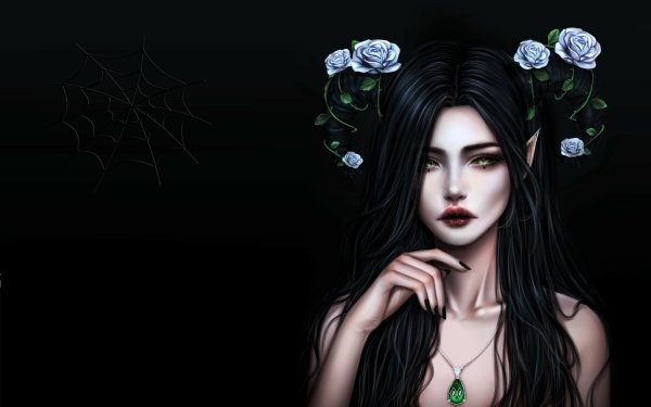Fantasy Elf Gothic Black Hair Rose Spider Web HD Wallpaper | Background Image