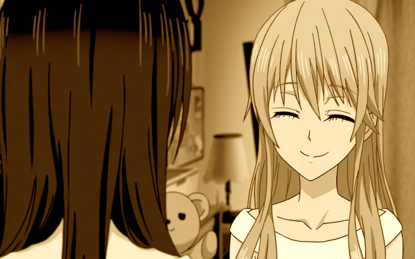 HD desktop wallpaper of Yuzu Aihara from the anime series Citrus, featuring her smiling warmly at another character in a softly lit room with a teddy bear in the background.
