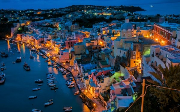 Man Made Town Towns Italy Procida Coast Boat House Night Light HD Wallpaper | Background Image