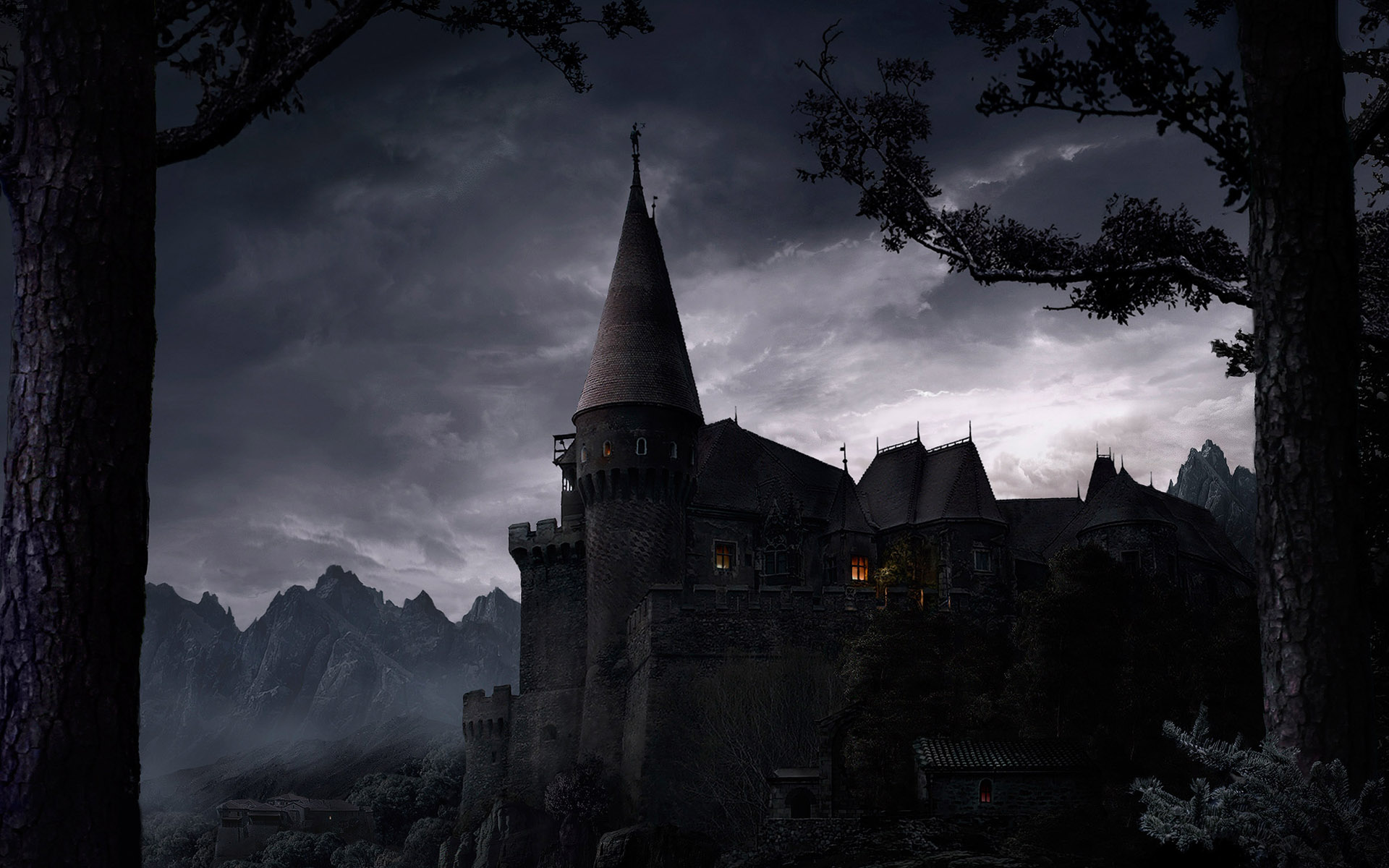 Dark and majestic castle overlooking a moonlit landscape
