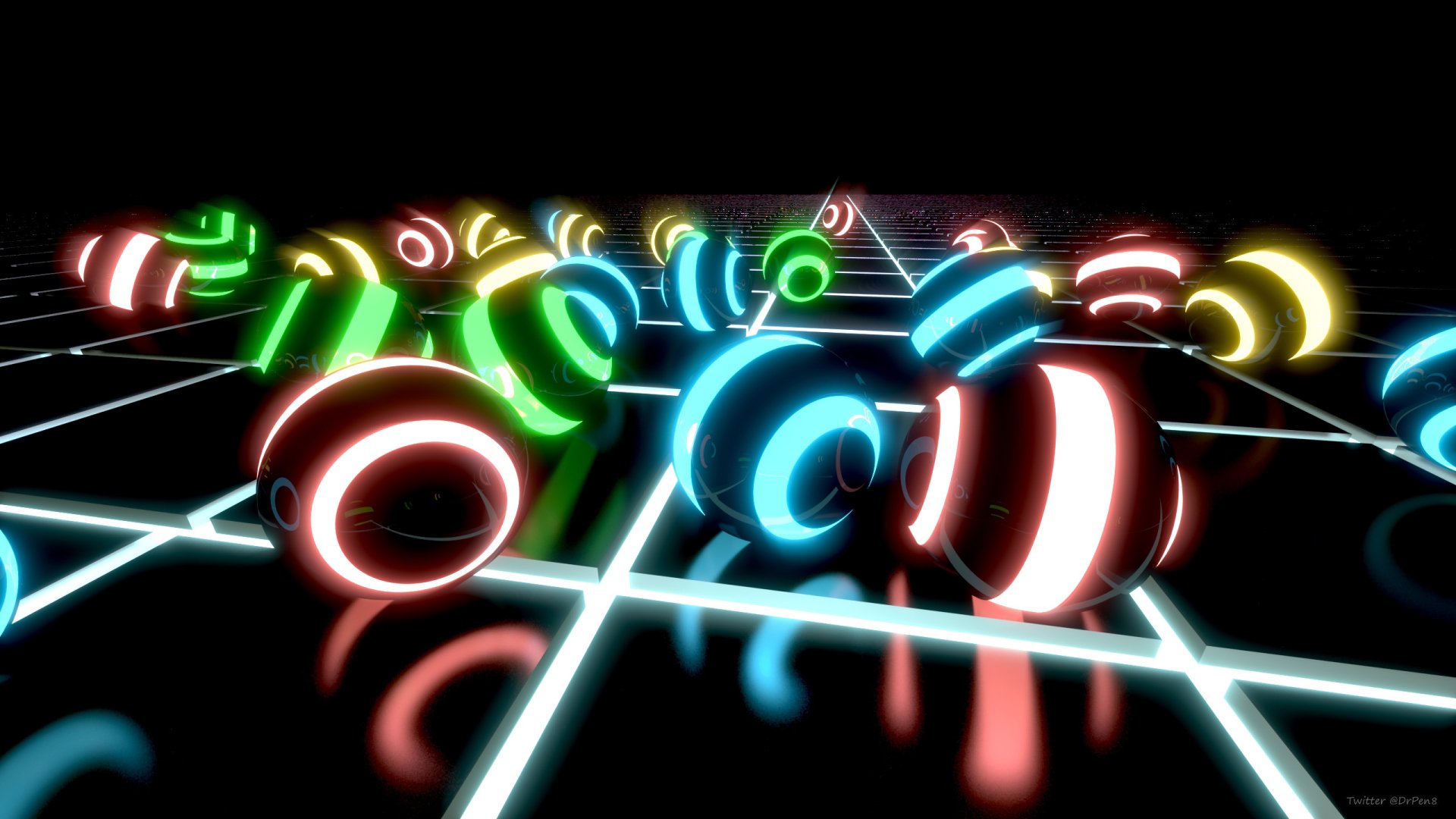 Abstract dark neon 3D spheres with glowing stripes on a grid, created in Blender, forming a vibrant and artistic HD PC desktop wallpaper background.