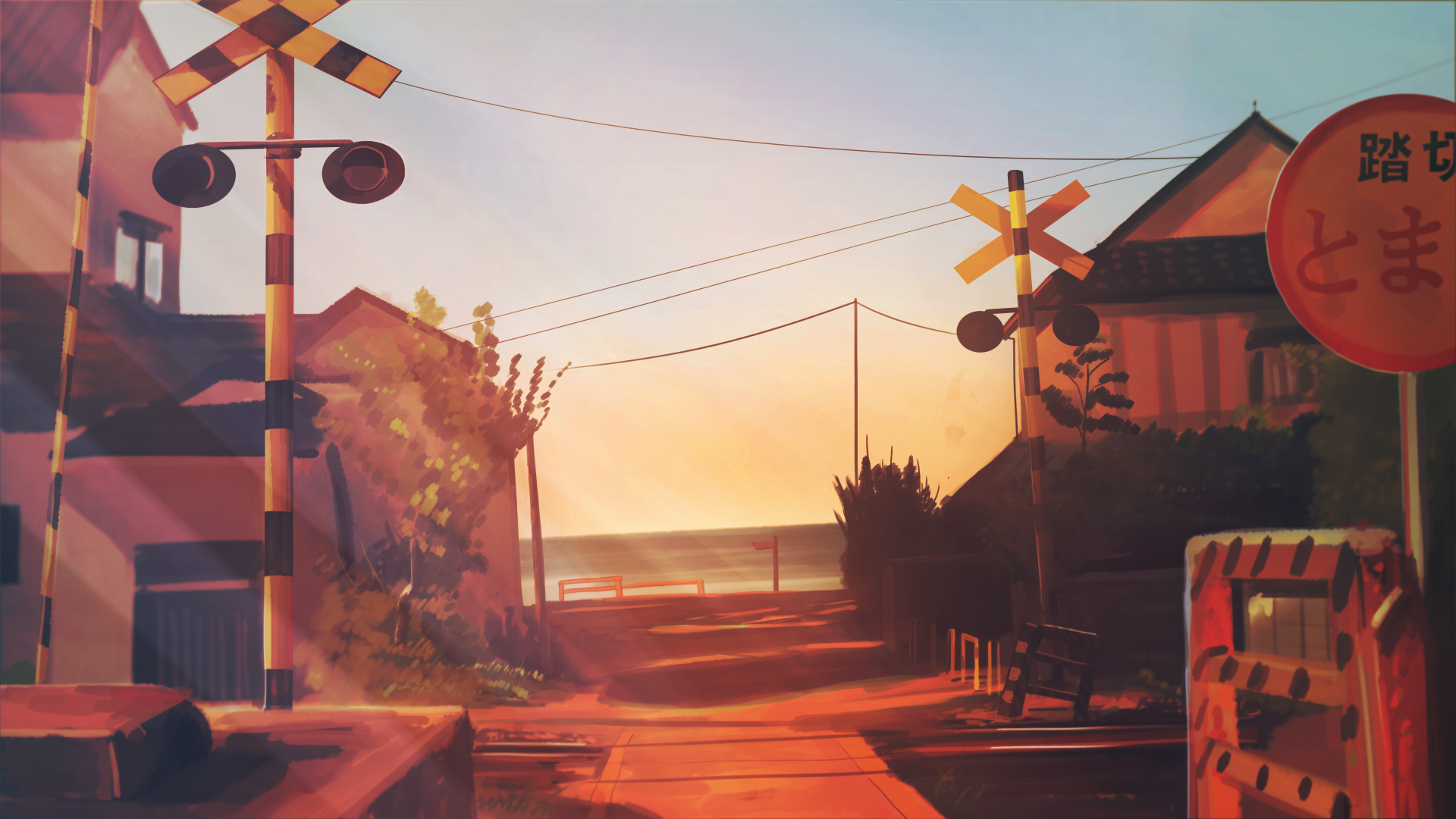 A serene anime scene set during sunset, featuring a quiet railway crossing in a quaint seaside village. This HD desktop wallpaper exudes tranquility and warm hues.