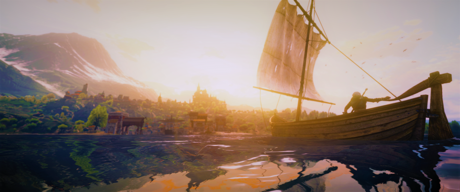 HD fantasy desktop wallpaper from The Witcher 3: Wild Hunt - Blood and Wine, featuring a sailboat on calm waters with a glowing sunset over a distant village.