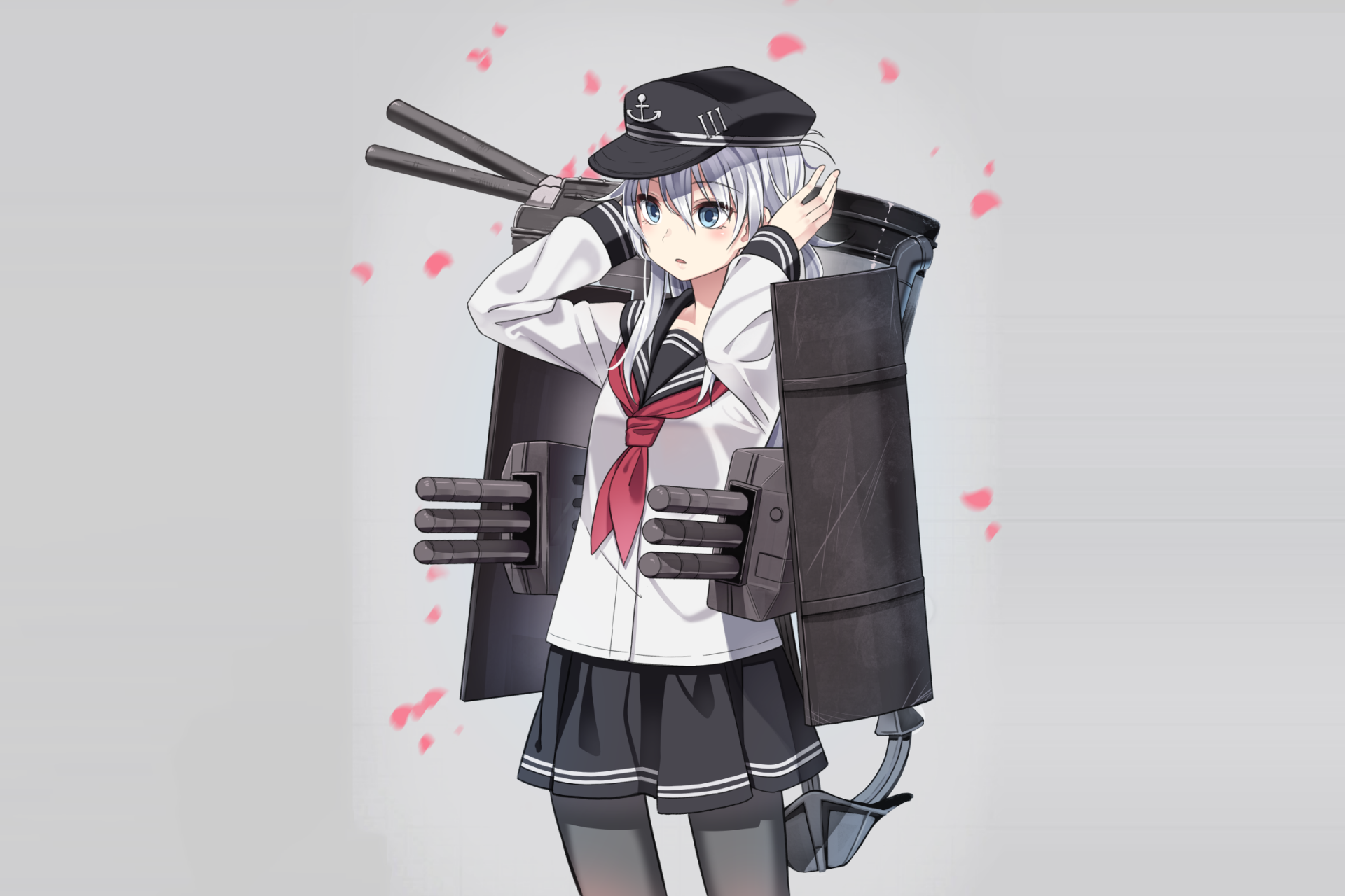 Hibiki (Kancolle) anime: girl in sailor uniform equipped with ship turrets, cherry blossom petals on gray — HD PC desktop wallpaper/background.