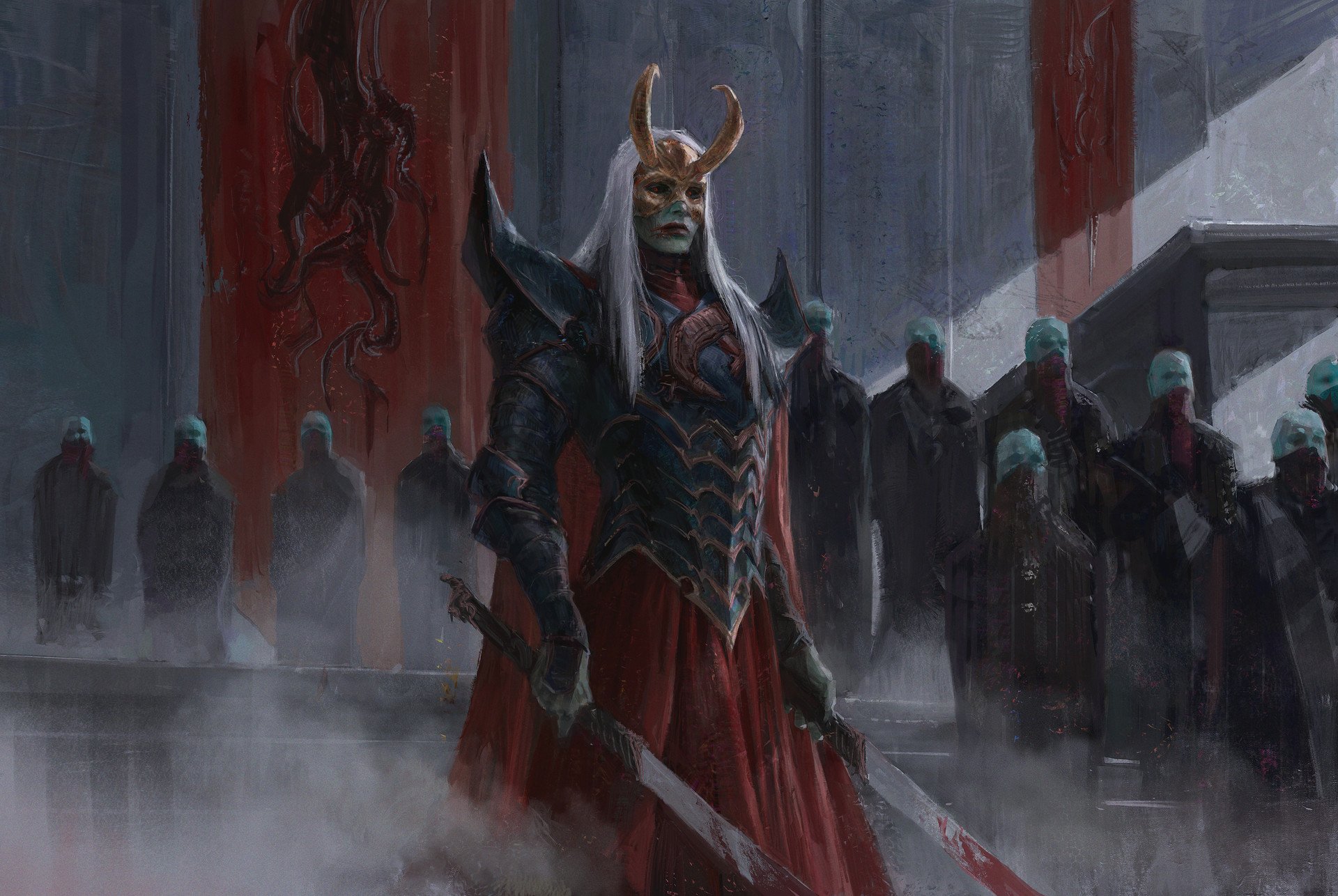 A white-haired fantasy warrior wearing a horned mask and dark armor, holding a sword, stands before a shadowy crowd in a dramatic, mist-filled scene.