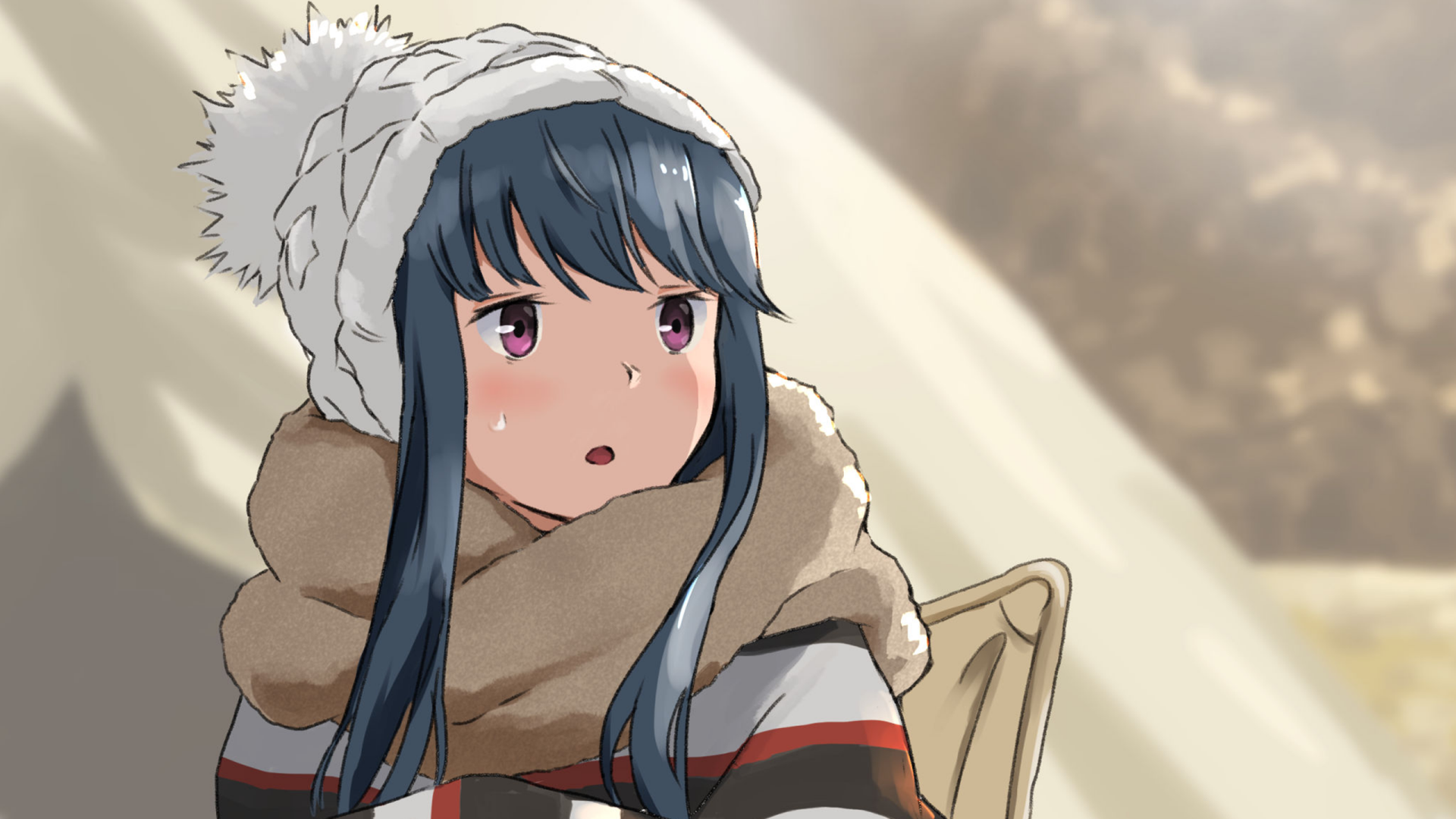 HD anime desktop wallpaper featuring Rin Shima from Laid-Back Camp, warmly dressed in winter attire with a cozy scarf and hat, gazing thoughtfully.