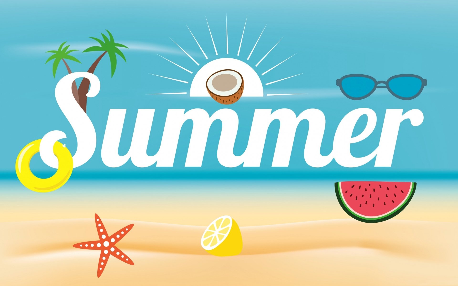 Artistic summer-themed HD PC desktop wallpaper featuring a bright beach scene with palm trees, sun, sunglasses, watermelon, lemon, starfish, and a swim ring.