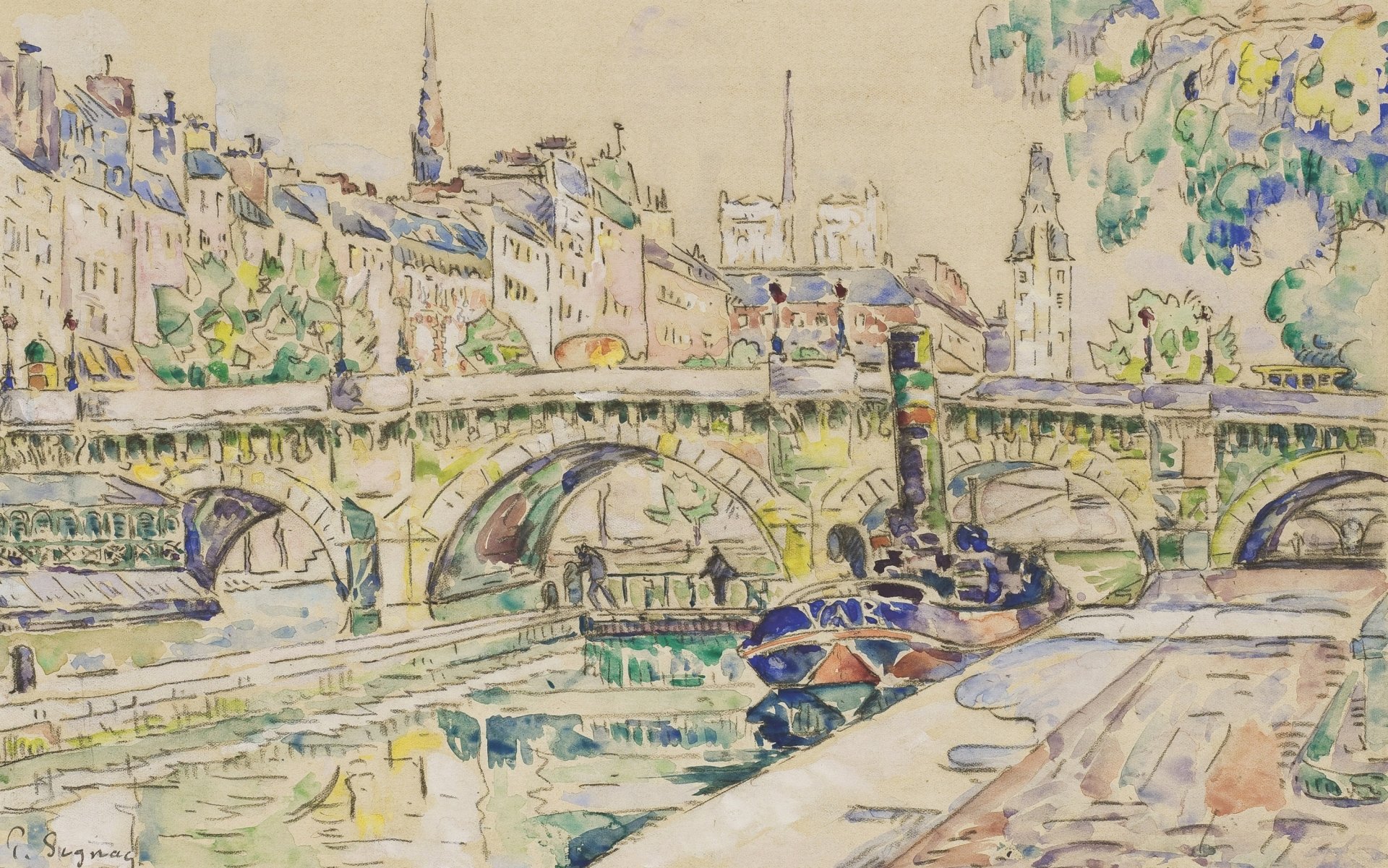 HD PC desktop wallpaper featuring a watercolor painting of a Paris canal with boats, a historic bridge, and city buildings in soft, artistic colors.