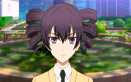 HD desktop wallpaper featuring Himeko Momokino from the anime Citrus, characterized by purple eyes and unique hairstyle, set against a background of a serene garden and school building.