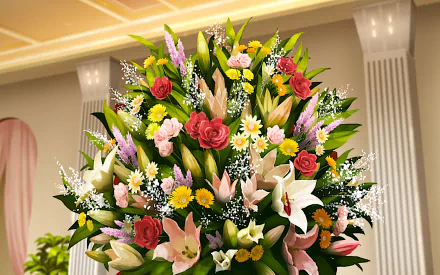 HD anime desktop wallpaper featuring a stunning floral bouquet with roses, lilies, daisies, and other colorful flowers.