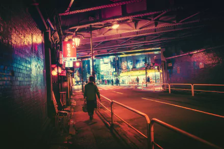 Nighttime urban scene in Japan featuring neon lights, people walking along a city street, captured in high definition as a vivid PC desktop wallpaper.