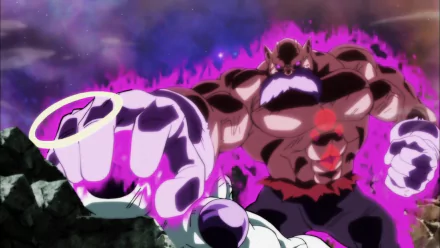 HD PC desktop wallpaper featuring Toppo and Frieza from Dragon Ball Super in an intense anime battle scene with vibrant purple and dark energy effects.