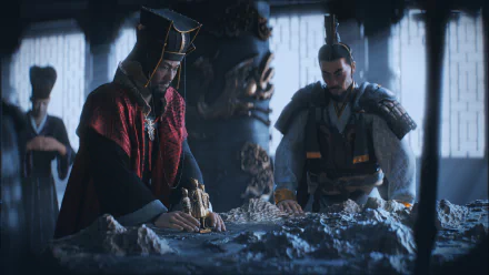 HD PC desktop wallpaper from the video game Total War: THREE KINGDOMS, featuring detailed characters strategizing over a battlefield model.
