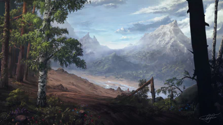 HD fantasy landscape wallpaper depicting a tranquil river flowing through a lush forest with towering mountains under a cloudy sky.