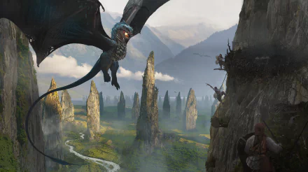 2K Quad HD PC wallpaper: a wyvern/dragon soars above a misty fantasy landscape as a cliff-bound fantasy warrior readies a spear amid towering stone monoliths and a winding river.