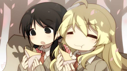 HD wallpaper featuring Chito and Yuuri from the anime Girls' Last Tour, enjoying snacks together, surrounded by falling pink petals.