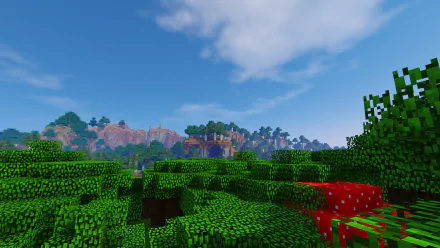 4K Ultra HD Minecraft landscape featuring green blocky trees, a red mushroom, and distant hills under a bright blue sky, designed as a PC desktop wallpaper.