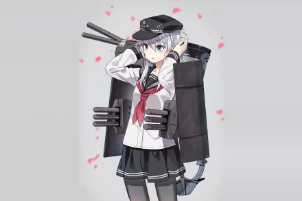 Hibiki (Kancolle) anime: girl in sailor uniform equipped with ship turrets, cherry blossom petals on gray — HD PC desktop wallpaper/background.