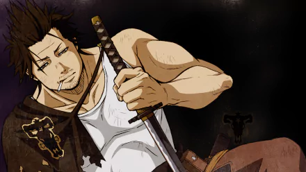 HD desktop wallpaper featuring Yami Sukehiro from the anime Black Clover, showcasing Yami in a laid-back pose, holding his sword against a dark backdrop.