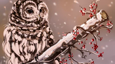 HD desktop wallpaper featuring an owl perched on a branch adorned with red berries, set against a snowy background. Feather detail is highlighted, showcasing the owl's intricate patterns.