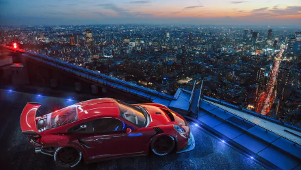 Red Porsche 911 GT3 parked on a rooftop overlooking a sprawling cityscape at dusk, captured in a high-definition PC desktop wallpaper.