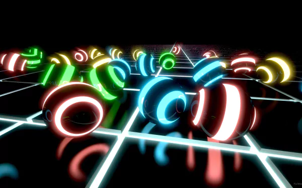 Abstract dark neon 3D spheres with glowing stripes on a grid, created in Blender, forming a vibrant and artistic HD PC desktop wallpaper background.