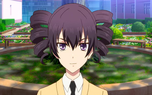 HD desktop wallpaper featuring Himeko Momokino from the anime Citrus, characterized by purple eyes and unique hairstyle, set against a background of a serene garden and school building.