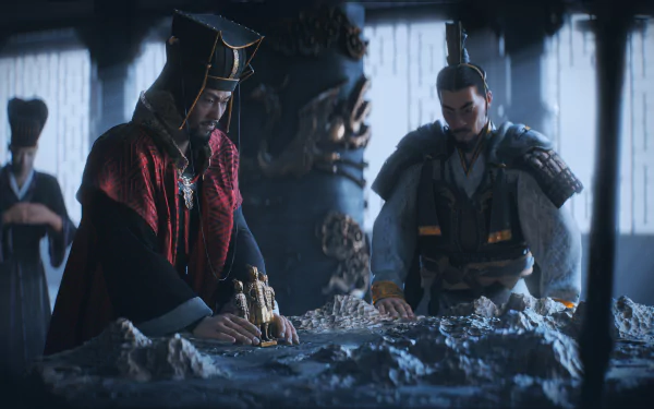 HD PC desktop wallpaper from the video game Total War: THREE KINGDOMS, featuring detailed characters strategizing over a battlefield model.