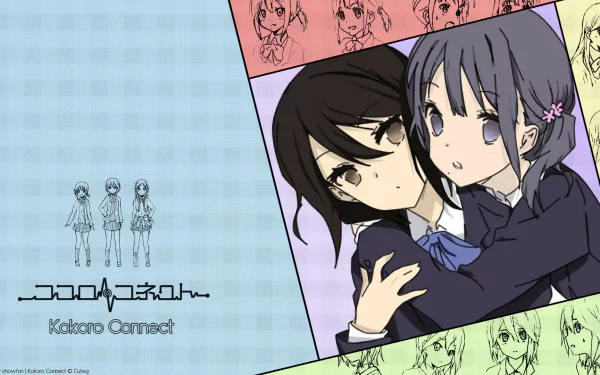 HD PC desktop wallpaper of anime Kokoro Connect characters Himeko Inaba and Iori Nagase embracing, pastel panels with character sketches and the series logo.