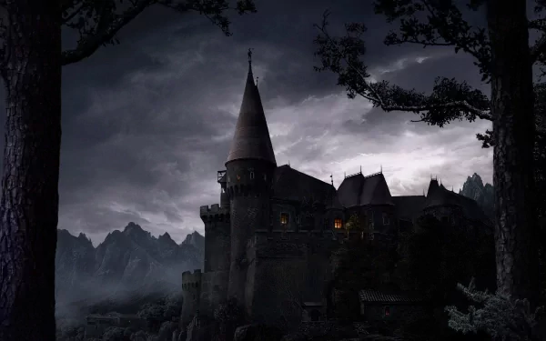 A dark, mystical castle stands against a stormy sky, surrounded by towering trees and mountains, creating an enchanting fantasy scene for an HD desktop wallpaper.