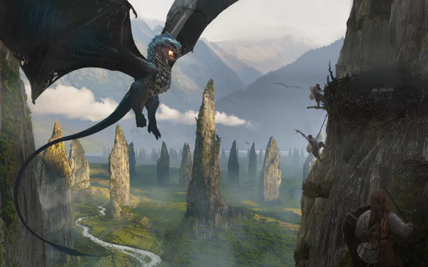 2K Quad HD PC wallpaper: a wyvern/dragon soars above a misty fantasy landscape as a cliff-bound fantasy warrior readies a spear amid towering stone monoliths and a winding river.