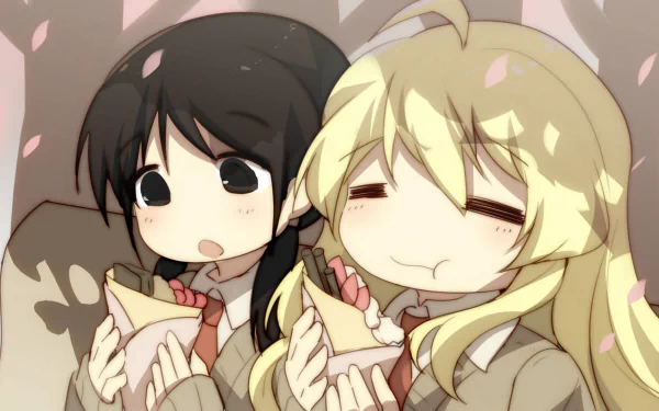HD wallpaper featuring Chito and Yuuri from the anime Girls' Last Tour, enjoying snacks together, surrounded by falling pink petals.