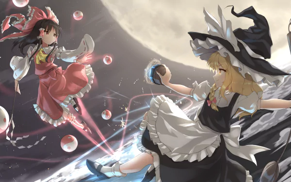 HD PC desktop wallpaper featuring Marisa Kirisame and Reimu Hakurei from the Touhou anime series, set against a glowing moonlit background.