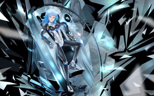 HD desktop wallpaper featuring Lacia, a character from the anime Beatless, in a futuristic and dynamic pose against an abstract, sci-fi background with blue and black tones.