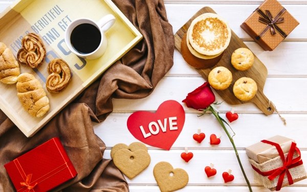 Holiday Valentine's Day Still Life Break Even Gift Coffee Viennoiserie Love HD Wallpaper | Background Image
