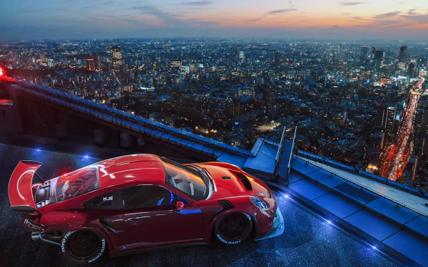 Red Porsche 911 GT3 parked on a rooftop overlooking a sprawling cityscape at dusk, captured in a high-definition PC desktop wallpaper.