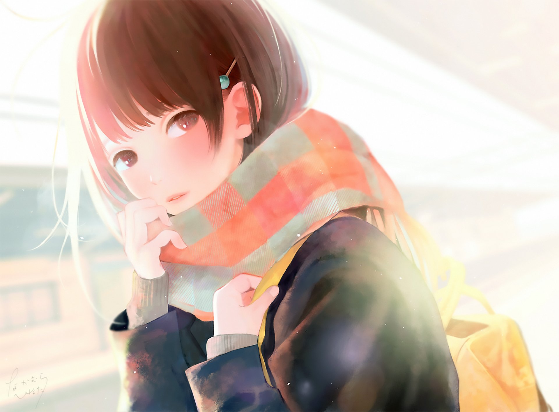 HD anime-style original artwork of a girl with short hair and a warm scarf, softly illuminated, designed as a PC desktop wallpaper and background.